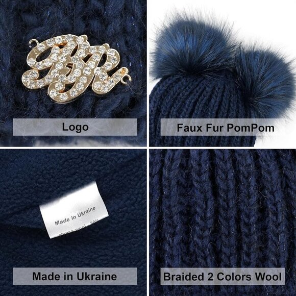 Braxton Beanie for Women - 2 Pom Cable Knit Warm Fleece- Wool Snow Cuff Ski Cap - Picture 5 of 7